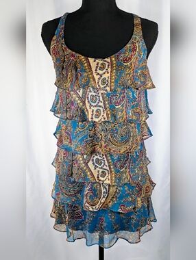Paisley Ruffle Tiered Dress Women M Blue Boho Sleeveless Sheer Layered Mini